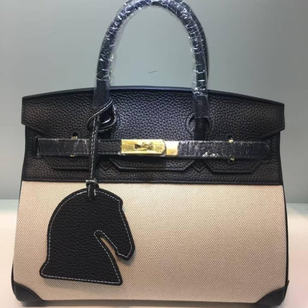 Luxury-Genuine Togo Leather/Canvas Designer Shoulder Bag (Black)